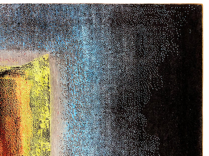 Carpet detail: dense pile with a blue pattern and a yellow-orange area on the left