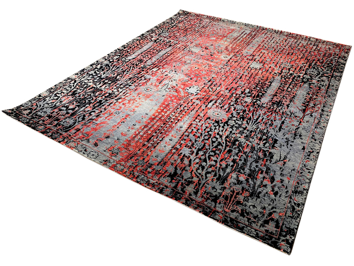Designer-Teppich rechteckig, abstraktes Muster aus Rot, Grau und Schwarz