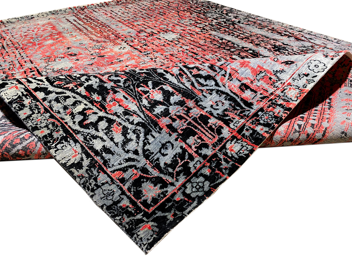 Ecke Designer-Teppich mit eingesäumter Bordüre, Rot-Grau-Schwarz Kontrast