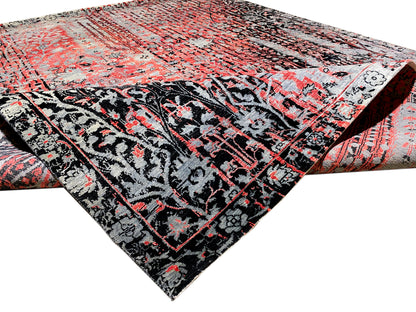 Ecke Designer-Teppich mit eingesäumter Bordüre, Rot-Grau-Schwarz Kontrast