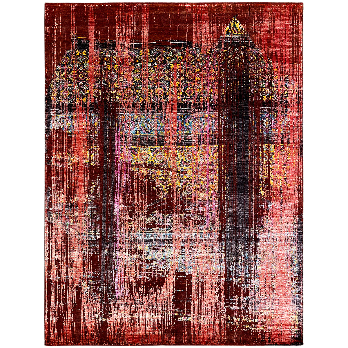 Designer-Teppich, rechteckig, rötliches Vintage-Muster mit bunten Ornamenten, flächig gewebt