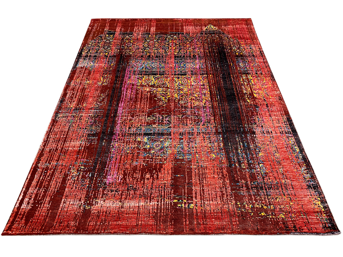 Designer-Teppich rechteckig mit kräftigem Rot und mehrfarbigen Patchwork-Feldern, gerade Kante