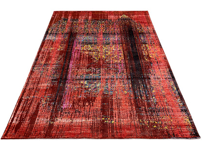 Designer-Teppich rechteckig mit kräftigem Rot und mehrfarbigen Patchwork-Feldern, gerade Kante