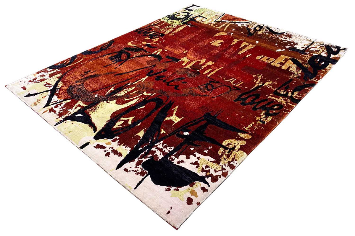 Rug with an abstract design, reddish brown and dark blue, beige areas with splatters