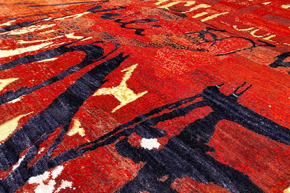 Rug detail: red background with black ornaments, white-light splatters