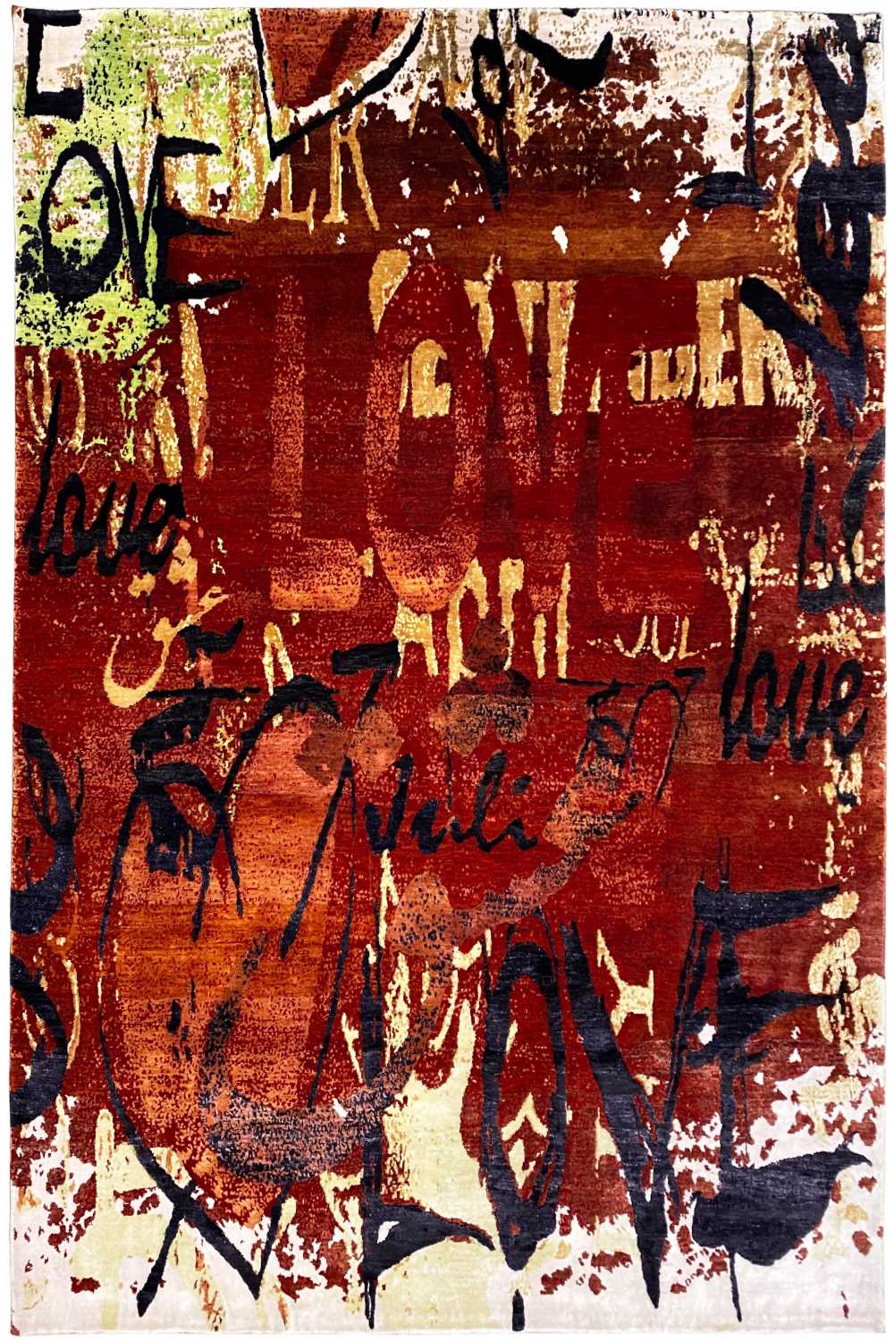 Rug with a graffiti-like pattern in reddish brown, dark blue, and beige on a light background