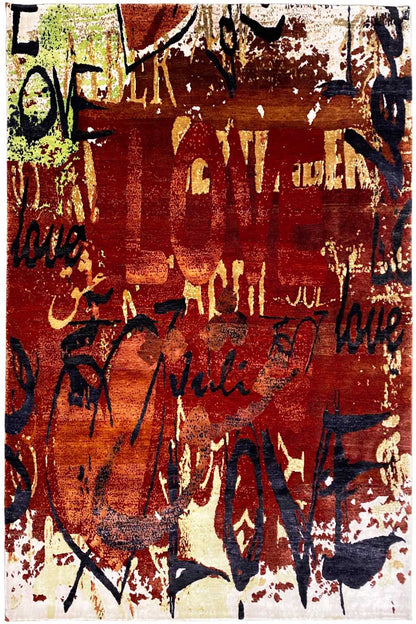 Rug with a graffiti-like pattern in reddish brown, dark blue, and beige on a light background