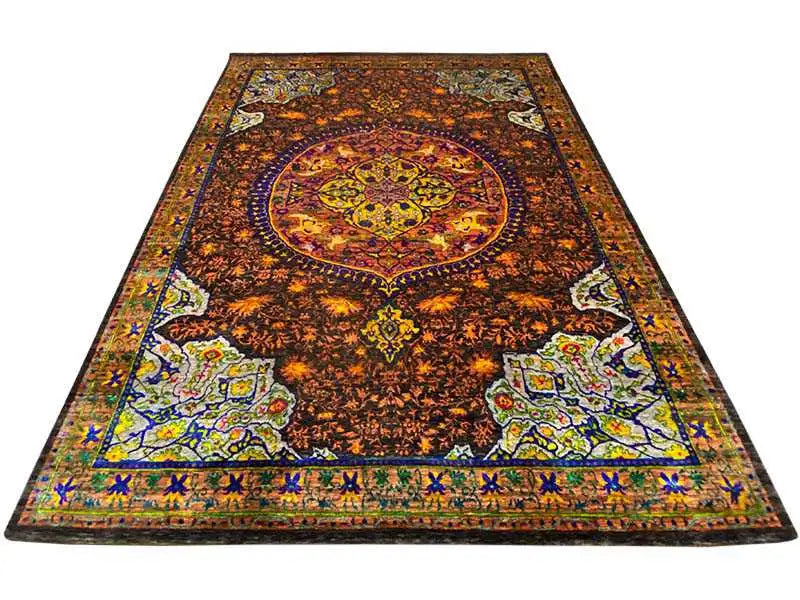 Hand-knotted sari silk rug, brown background with floral corners and a central medallion