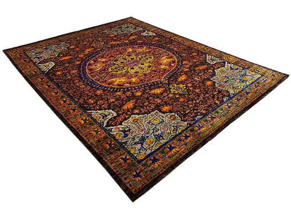 Hand-knotted sari silk rug, round brown medallion with blue and gold corner ornaments