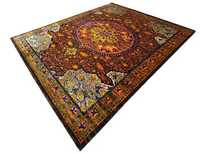 Hand-knotted sari silk rug, orange-brown medallion with a blue ornamental border