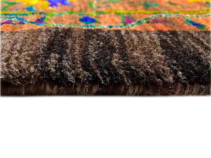 Hand-knotted sari silk rug, dark pile band with side fringe edging