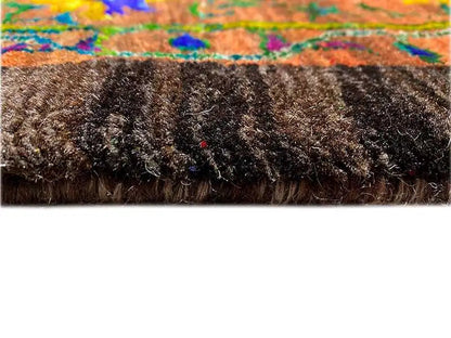 Hand-knotted sari silk rug, dark pile band with side fringe edging