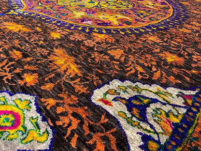 Hand-knotted sari silk rug, colorful ornamental pattern in dark brown and blue