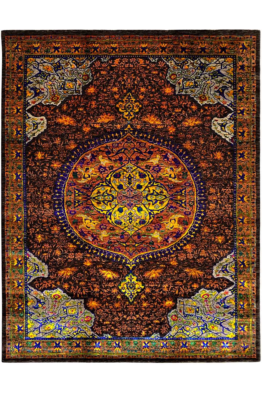 Hand-knotted sari silk rug, dark pattern with a large round medallion and corner ornaments