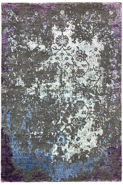 Rug 185×122 cm front view with an ornamental vintage pattern in purple and blue.