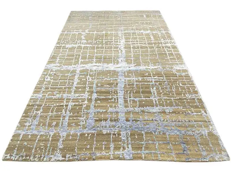 Designer rug 200x290 cm with a beige background and blue-white grid lines