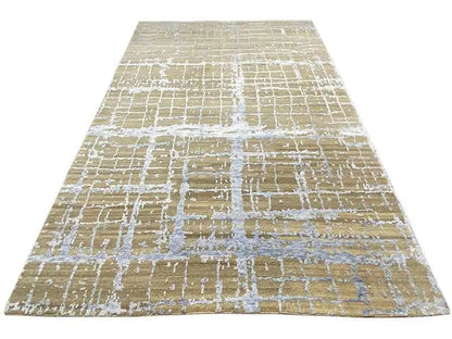 Designer rug 200x290 cm with a beige background and blue-white grid lines