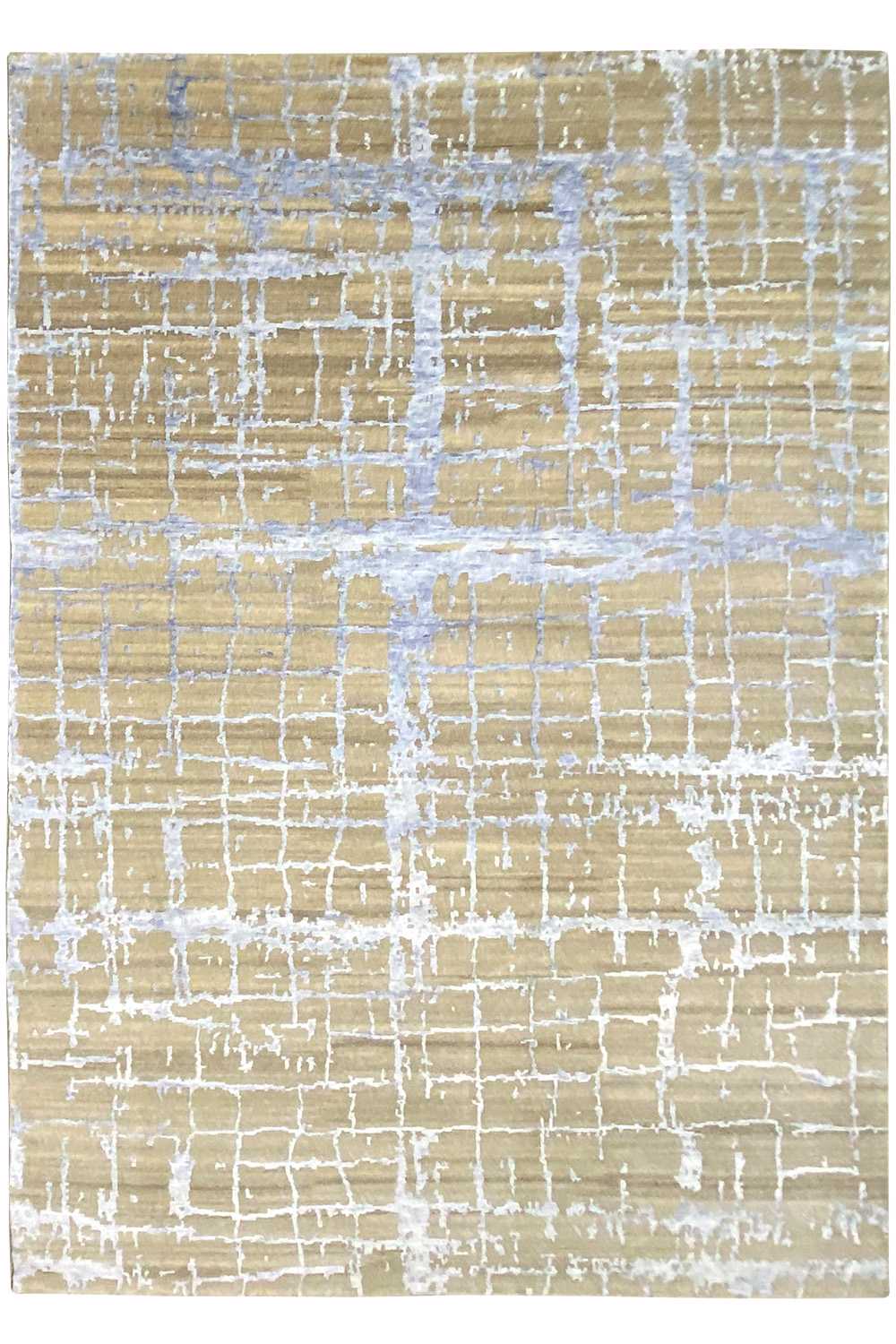 Designer rug 200x290 cm, beige-brown with a white and blue line grid
