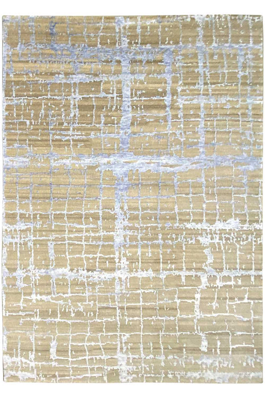 Designer rug 200x290 cm, beige-brown with a white and blue line grid