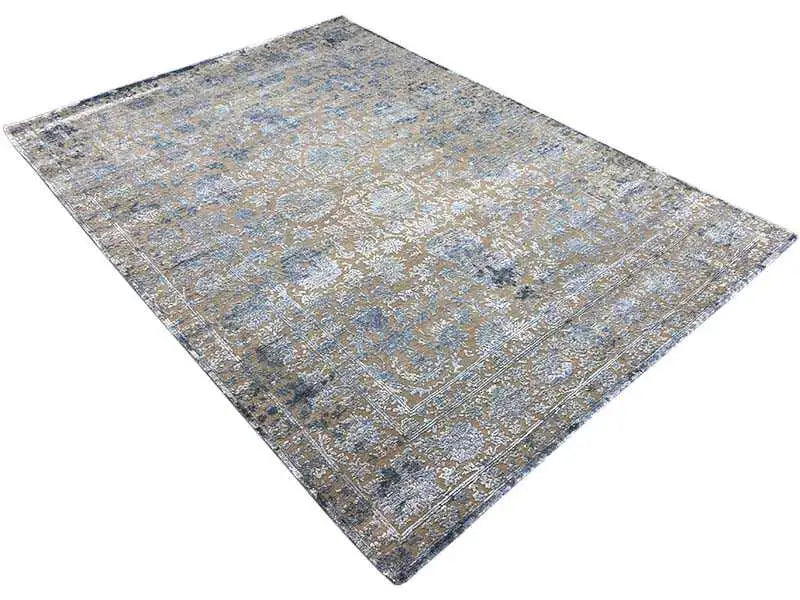Designer rug 246x175 cm, diagonal view, blue-gray ornamental design