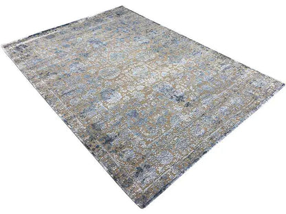 Designer rug 246x175 cm, diagonal view, blue-gray ornamental design