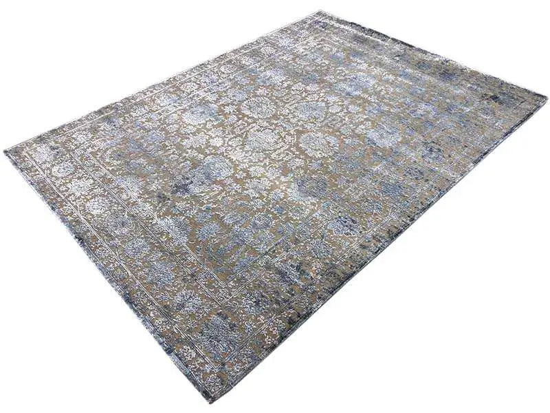 Designer rug 246x175 cm, diagonal view, beige and blue pattern