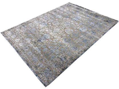 Designer rug 246x175 cm, diagonal view, beige and blue pattern
