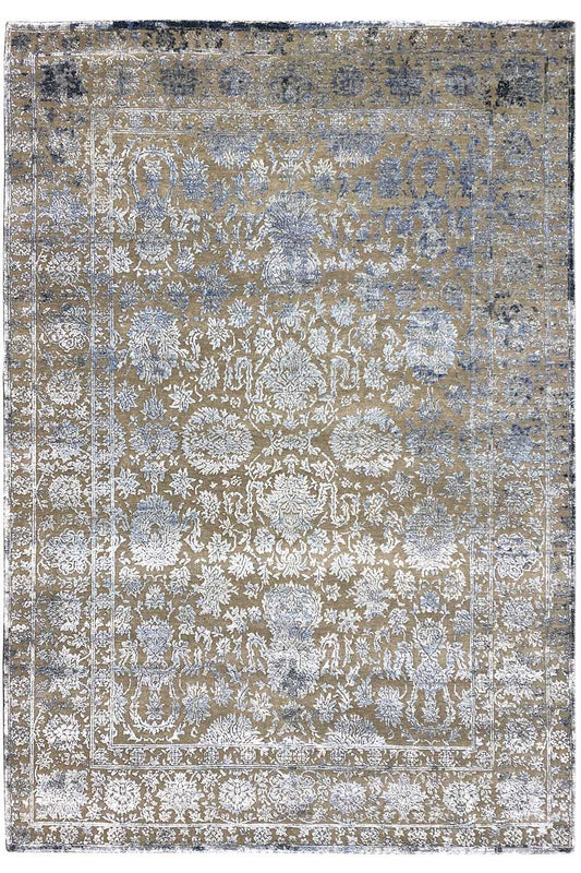Designer rug 246x175 cm, rectangular, large floral pattern in beige and blue