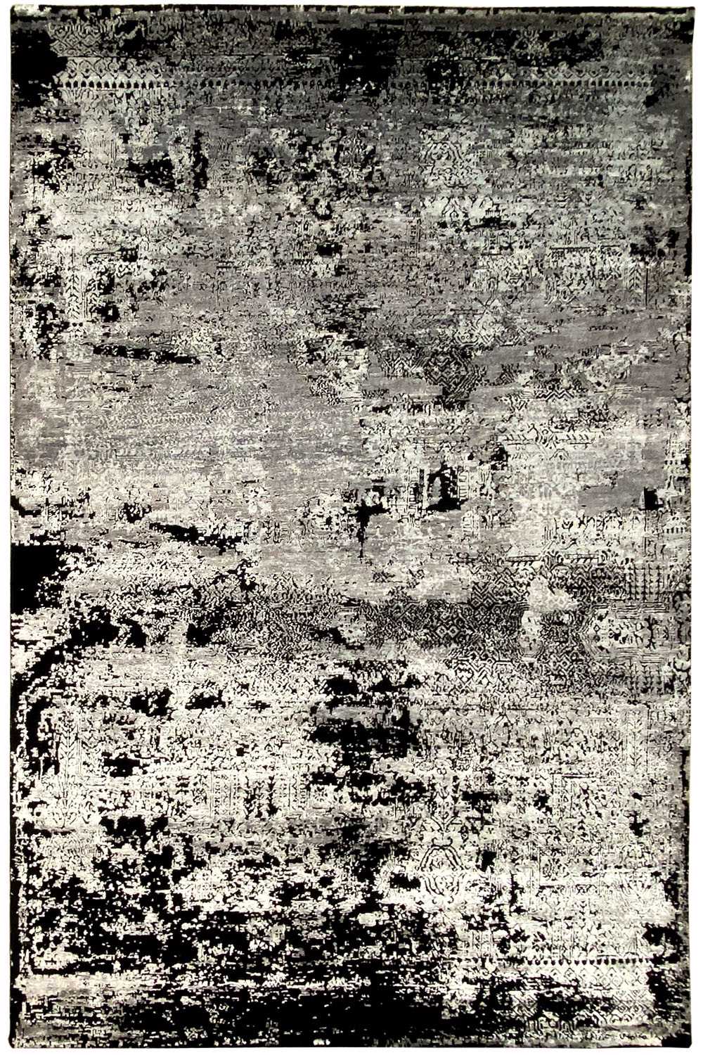 Rectangular rug with an even black-white-gray distressed pattern, flat