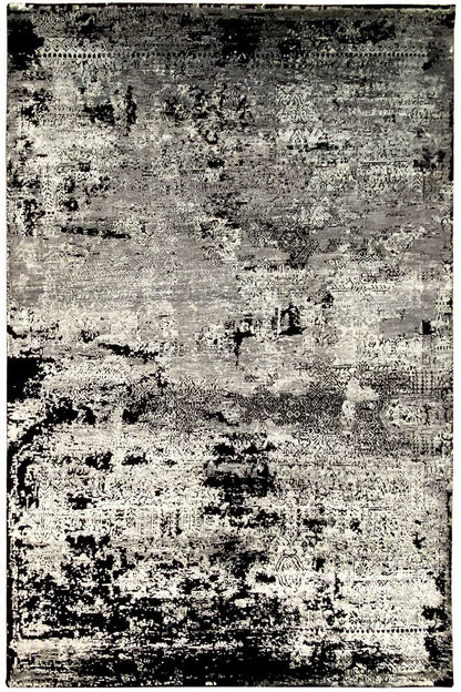 Rectangular rug with an even black-white-gray distressed pattern, flat