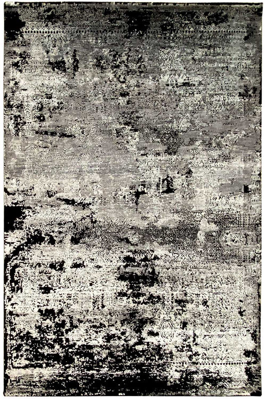 Rectangular rug with an even black-white-gray distressed pattern, flat