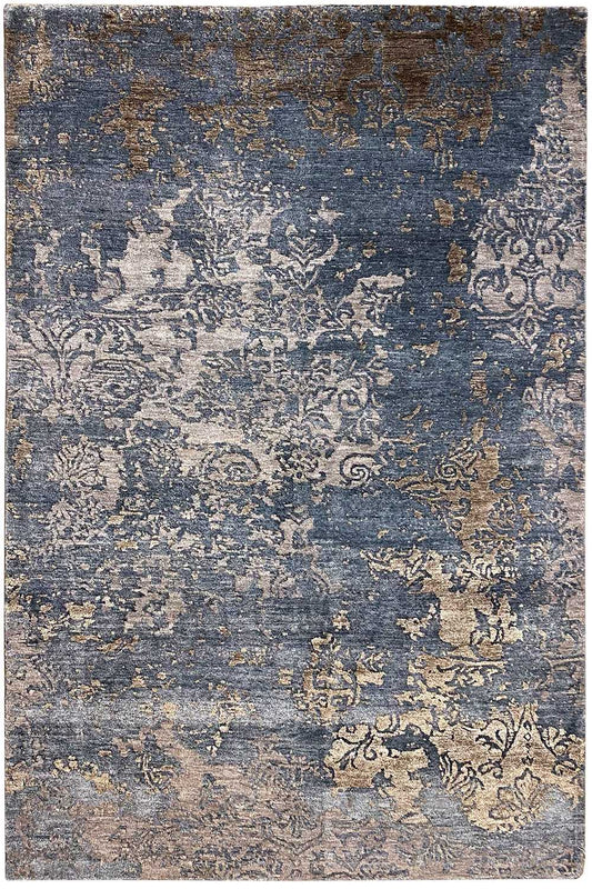 Designer rug 203x136 cm, rectangular, blue-gray with vintage Baroque ornaments