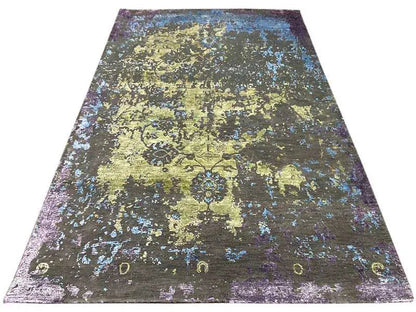 Large designer rug: purple border, yellow-green and blue ornament