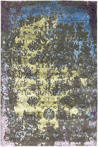 Designer rug with an all-over pattern: central medallion look in yellow, blue and violet
