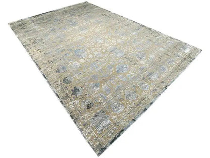 Designer rug with a square appearance, beige background with blue-gray embellishments