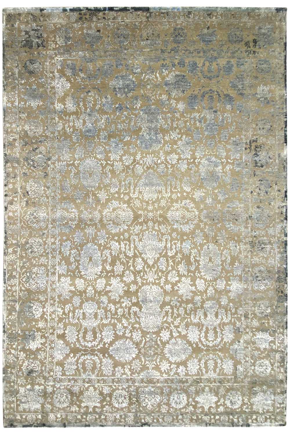 Designer rug front view: all-over ornamental pattern in cream/beige with blue-gray accents