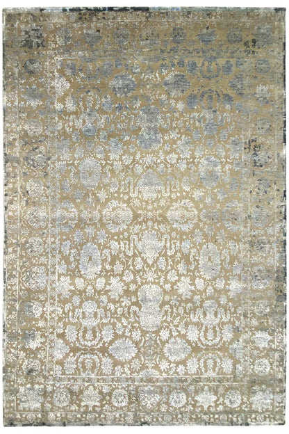 Designer rug front view: all-over ornamental pattern in cream/beige with blue-gray accents
