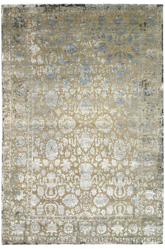Designer rug front view: all-over ornamental pattern in cream/beige with blue-gray accents