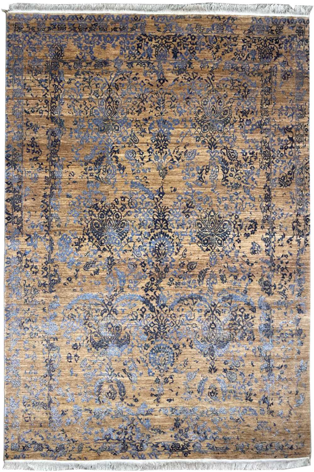 Designer rug 170x240 cm with a blue-beige ornamental pattern and framed border