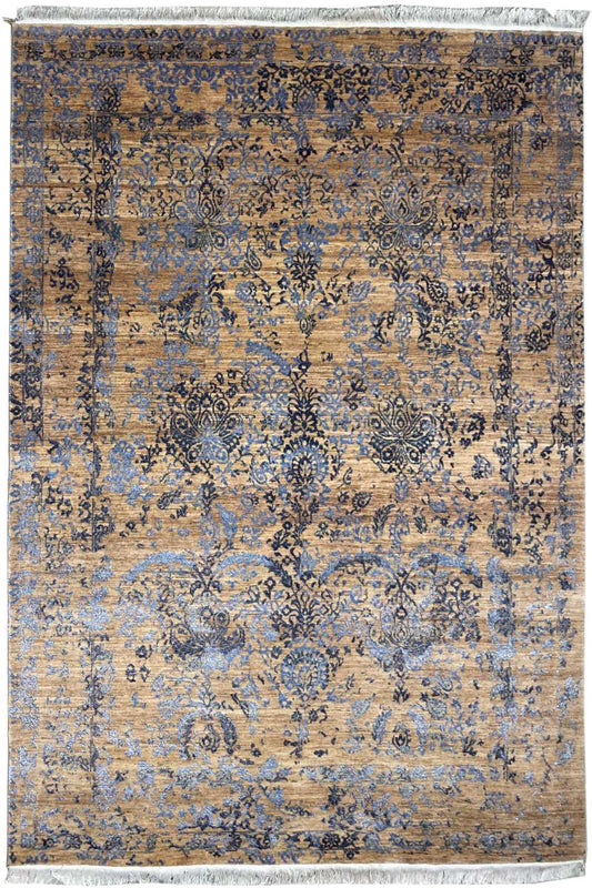 Designer rug 170x240 cm with a blue-beige ornamental pattern and framed border