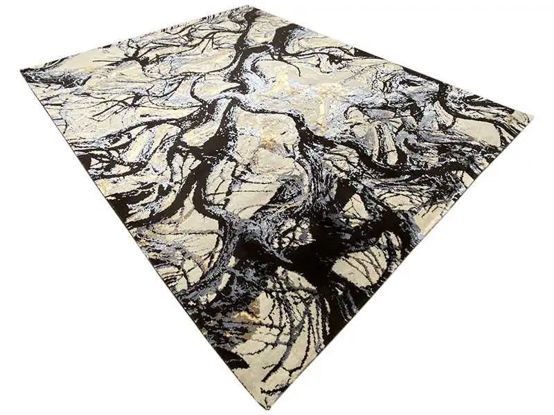 Designer rug, square view, cream-colored surface with black lines