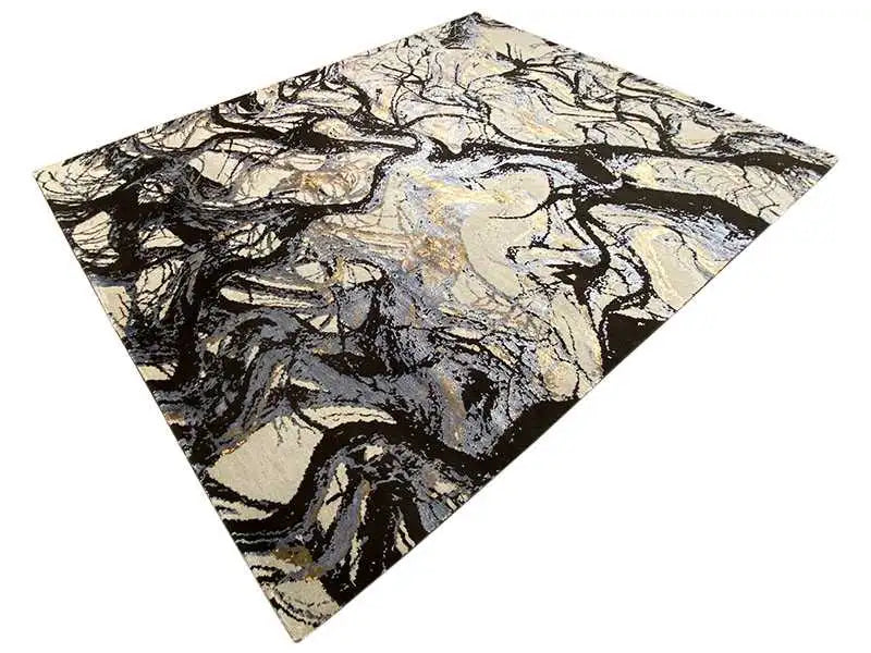 Designer rug with diagonal view, beige pattern and black structures