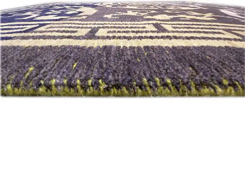 Carpet: close-up view of the pile and blue-purple patterned stripes, with short fringes along the edge.