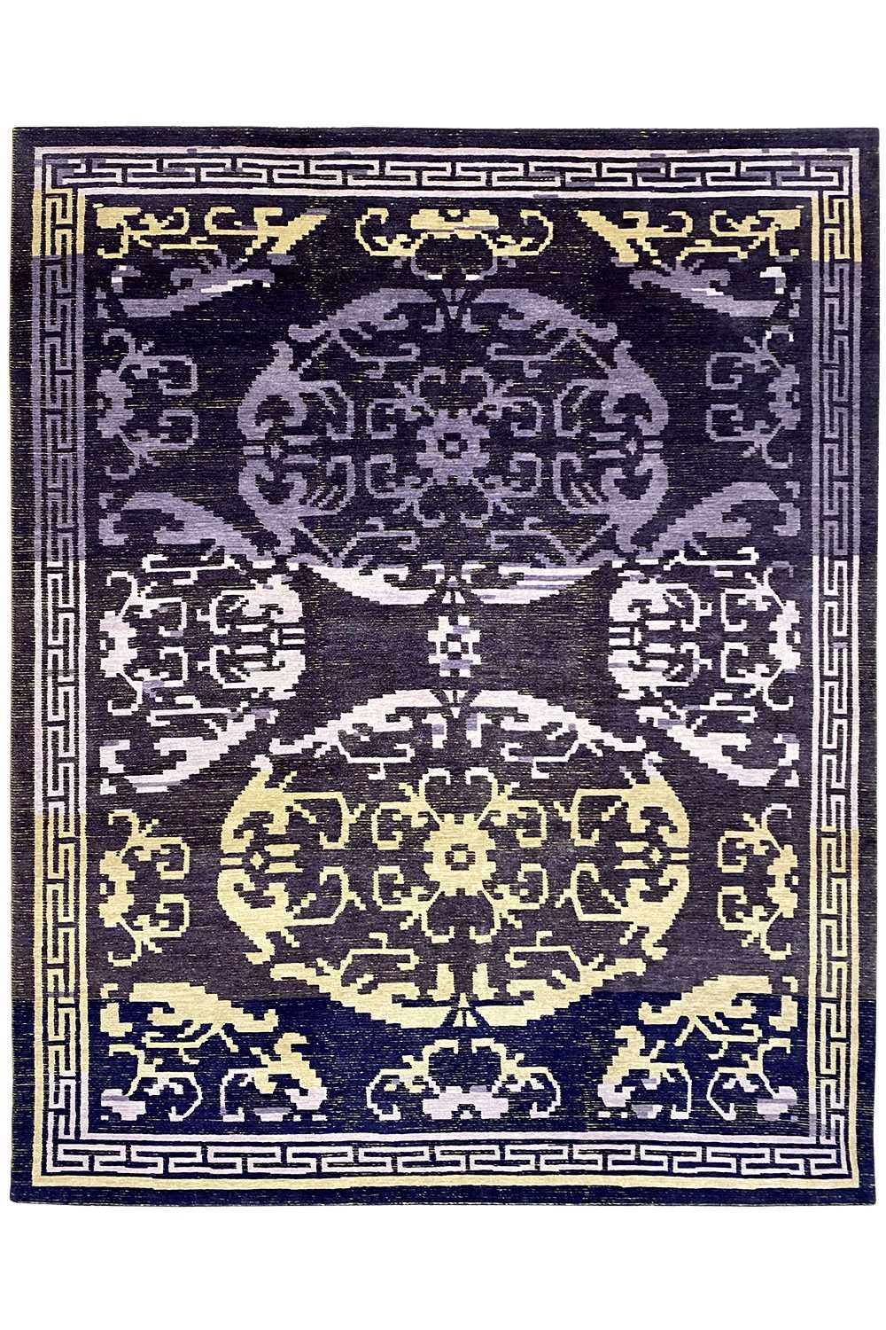 Rug with a dark blue border, a gray-blue textured pattern, and gold-colored medallions; decorative edging.