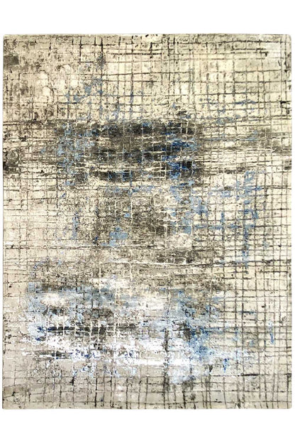Rectangular rug with a vintage grid pattern, beige-gray surface, and blue patterned areas