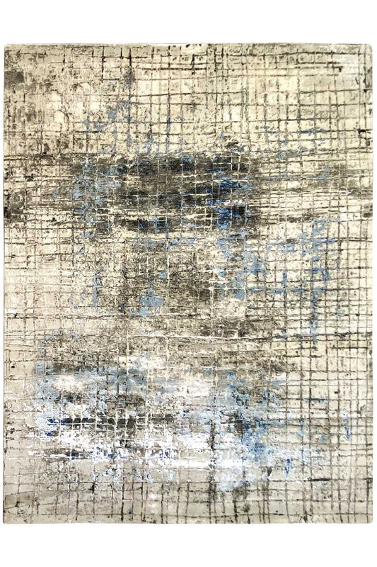 Rectangular rug with a vintage grid pattern, beige-gray surface, and blue patterned areas
