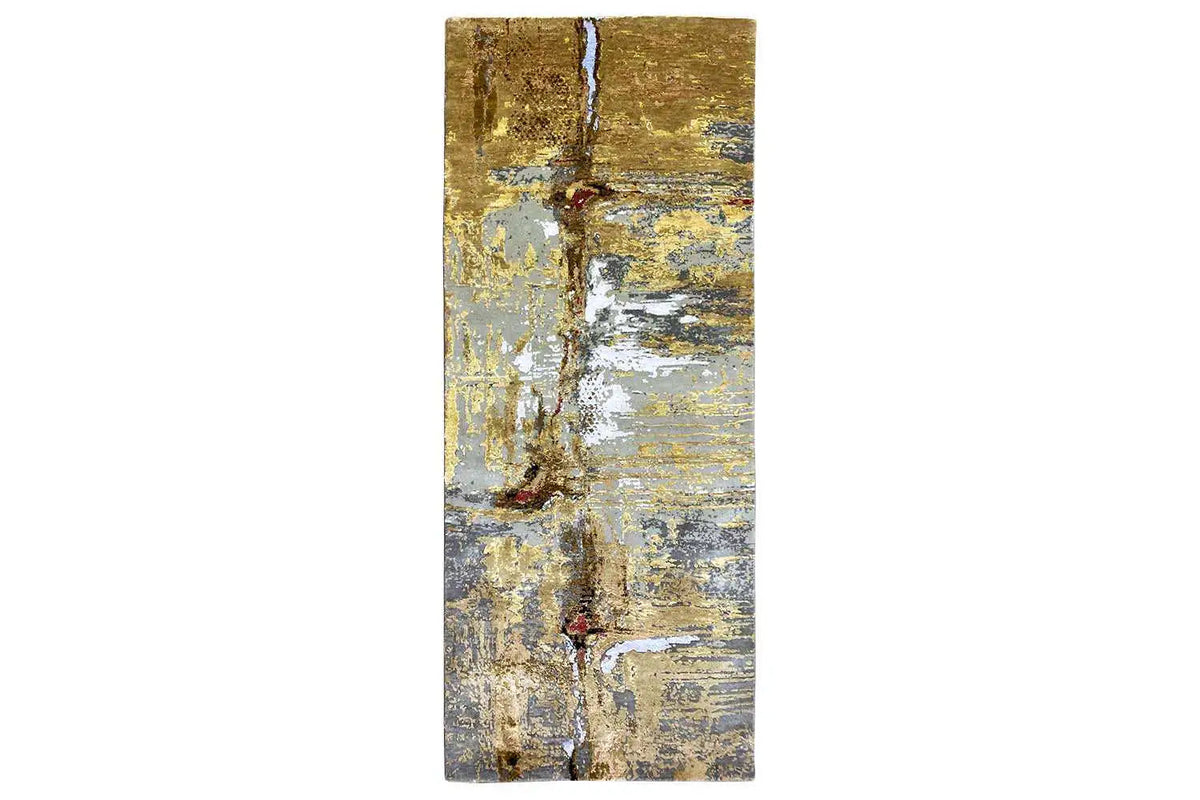 Upright-format rug with golden and blue-gray abrasion patterns