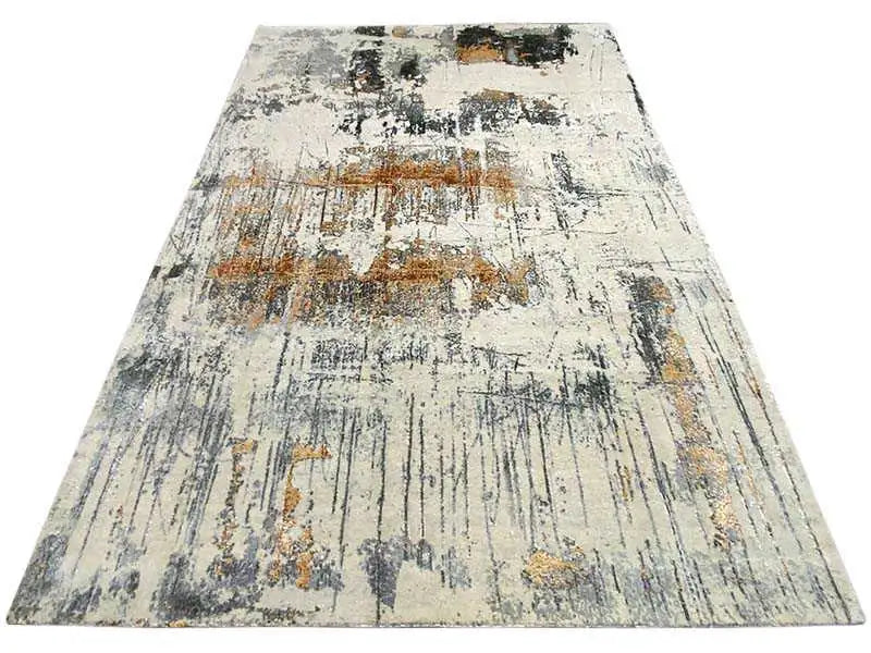 Designer rug, rectangular, light gray with black and ochre lines and paint splatters