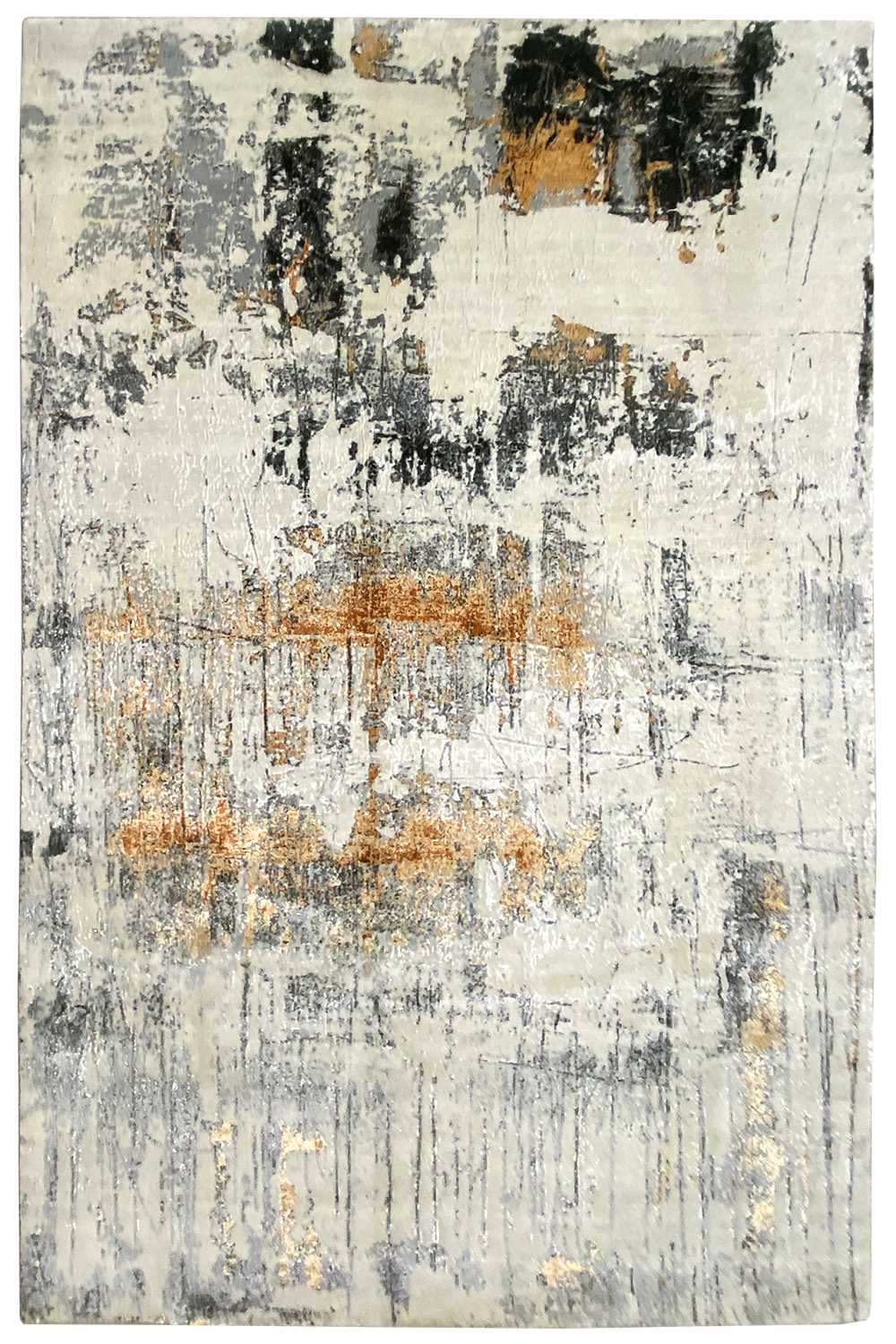 Designer rug, front view: light gray vintage pattern with black and ochre flecks