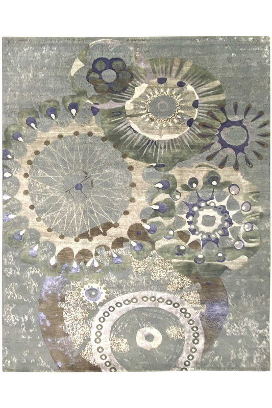 Rug with large circular ornaments and floral motifs in gray, blue, and violet